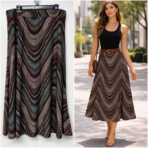 Metro Wear Flowly Midi Skirt flowy with Zigzag Chevron Boho Neutral Pattern
